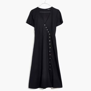 Linen-Blend Button-Wrap Midi Dress